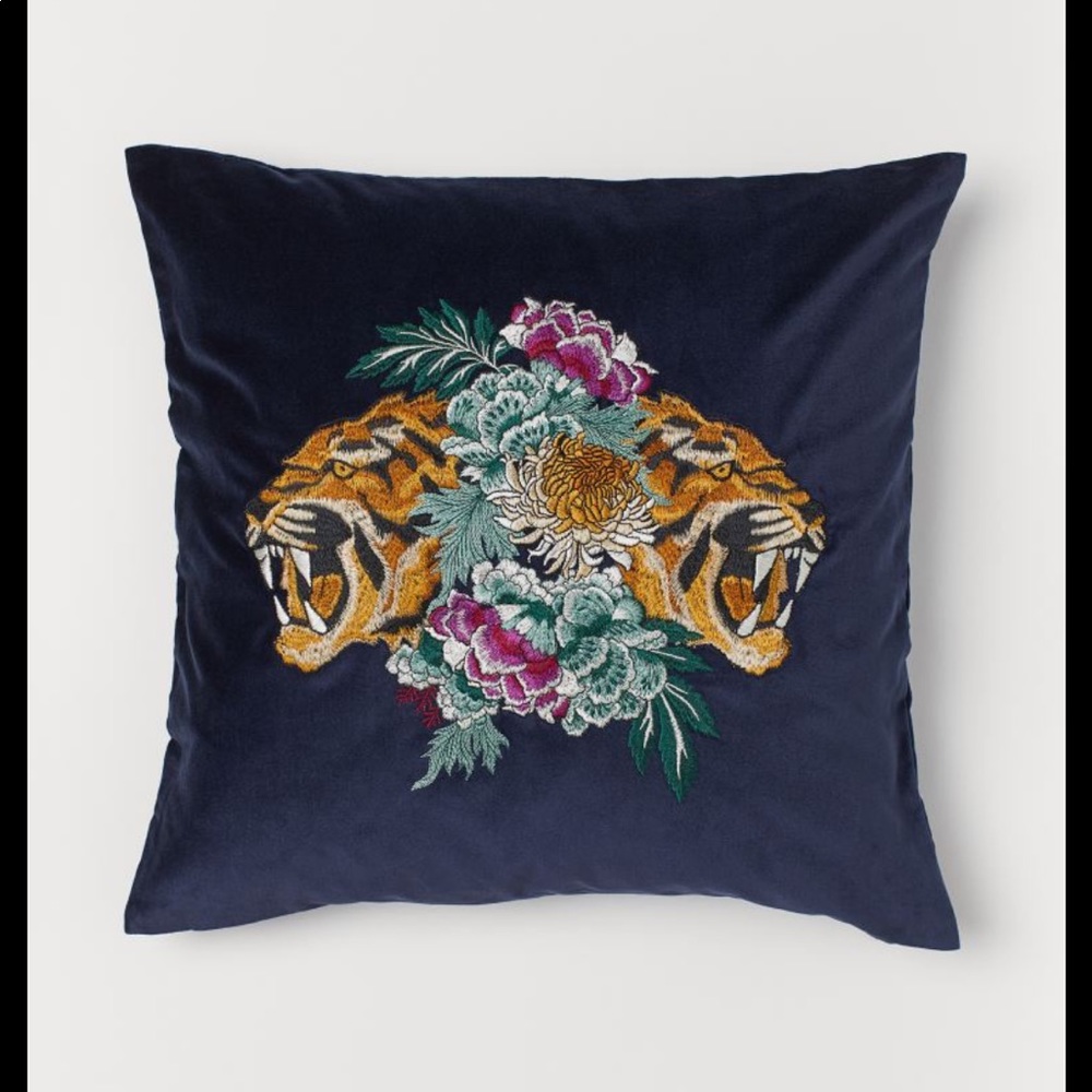 H&M Navy Velvet Accent Pillow with Embroidered Tigers and Floral Motif